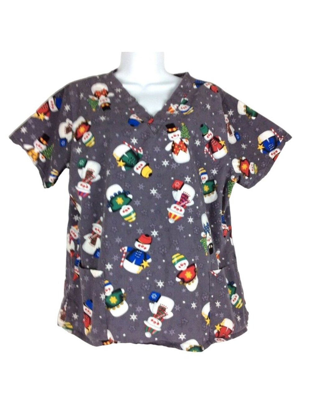 Christmas Snowman Scrub Top Medium By Scrub Wear Cotton Gray Holidays